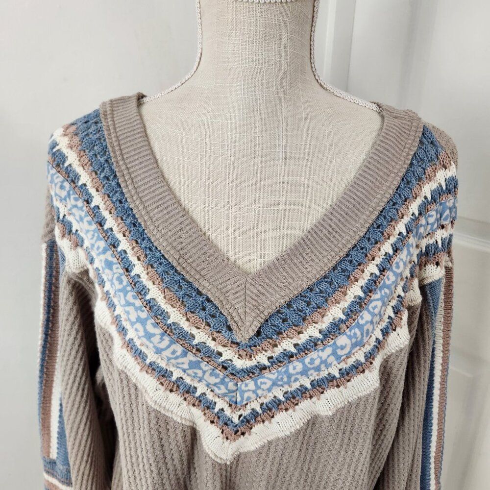 Free People Sweater Womens XS Copenhagen Thermal Waffle Contrasting Sleeves - Picture 2 of 16